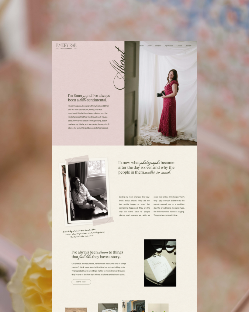 Photography website template emphasizing heirloom imagery and storytelling